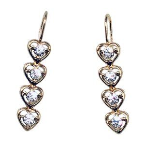 Heart dangling gold hook erring 4 stones in each heart shine 1 1/4" long READ